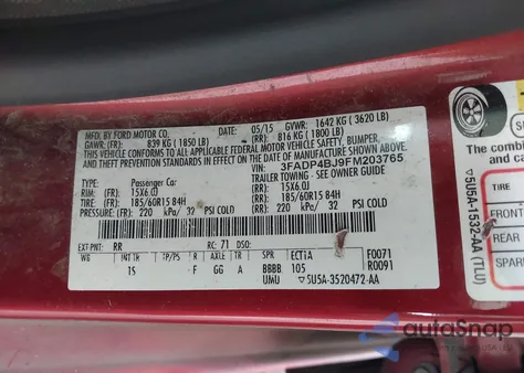 2015 Ford Fiesta Se из США, поврежденный, VIN 3FADP4BJ9FM203765